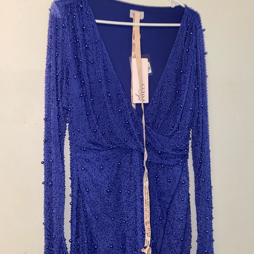 Embellished Wrap Over A-Line Mini Dress in Dark Blue from Oh Polly